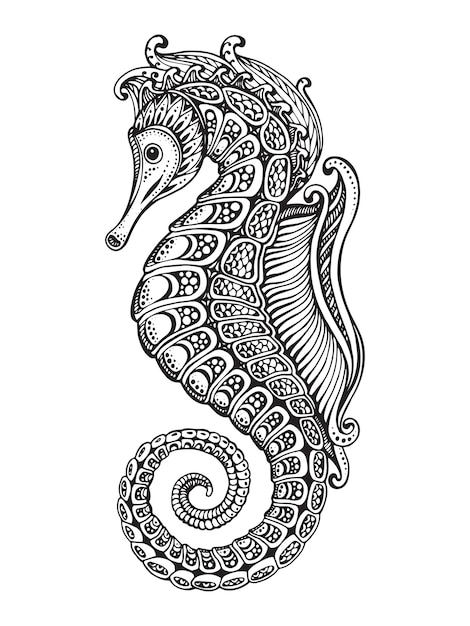 Hippocampe orné graphique dessiné à la main avec motif de griffonnage ethnique. illustration pour livre de coloriage, tatouage, impression sur t-shirt, sac. sur fond blanc.