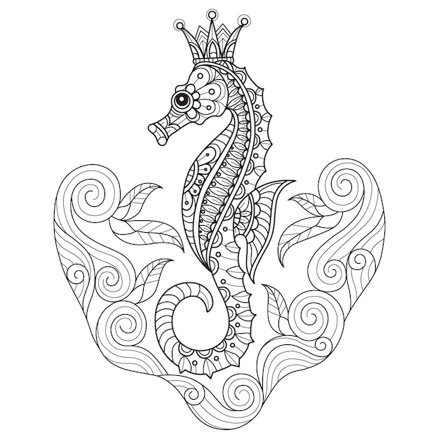 Hippocampes Et Vagues De Mer Dessinés à La Main Pour Un Livre De Coloriage Pour Adultes