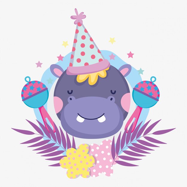 Hippopotame Avec Chapeau De Fête Et Hochets Pour Le Shower De Bébé