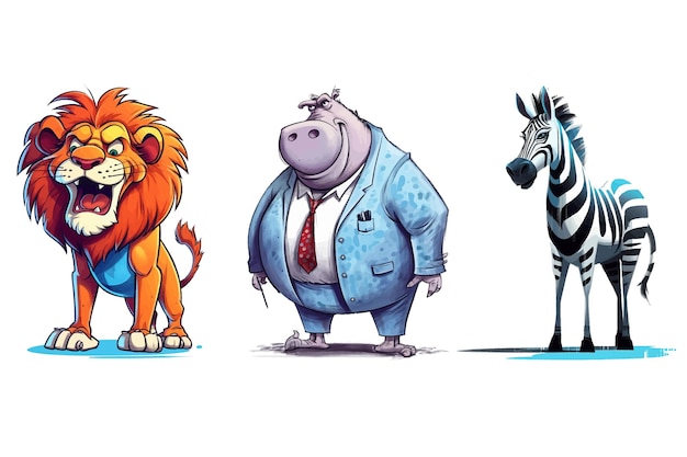 Hippopotame lion zèbre Bébés animaux mignons isolés sur fond Illustration vectorielle de dessin animé