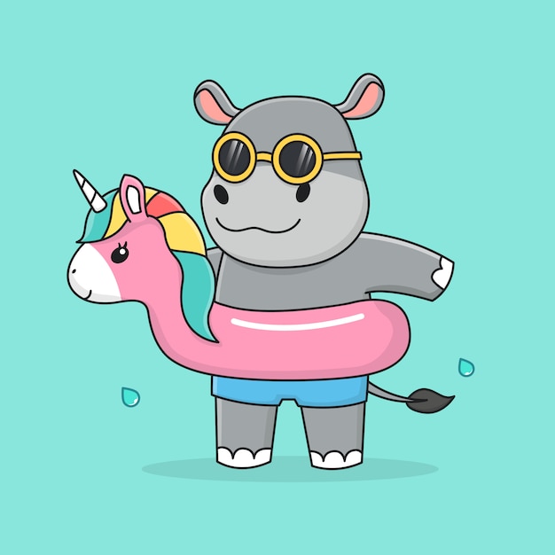 Hippopotame Mignon Avec Anneau De Bain Licorne Et Lunettes De Soleil