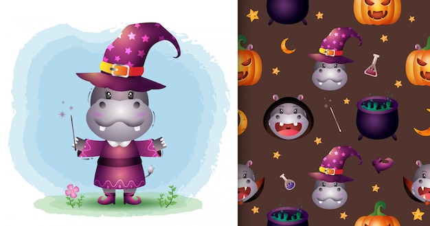 Un hippopotame mignon avec une collection de personnages d'halloween. modèles sans couture et illustrations