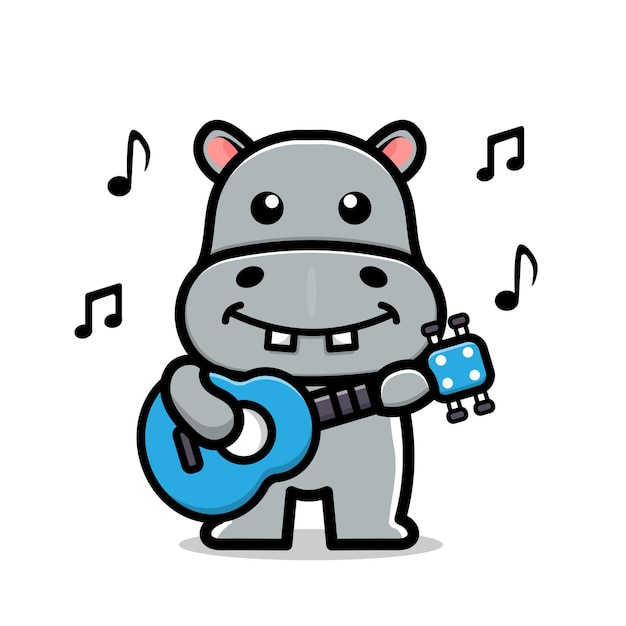 Hippopotame Mignon Jouer Illustration Vectorielle De Guitare Dessin Animé