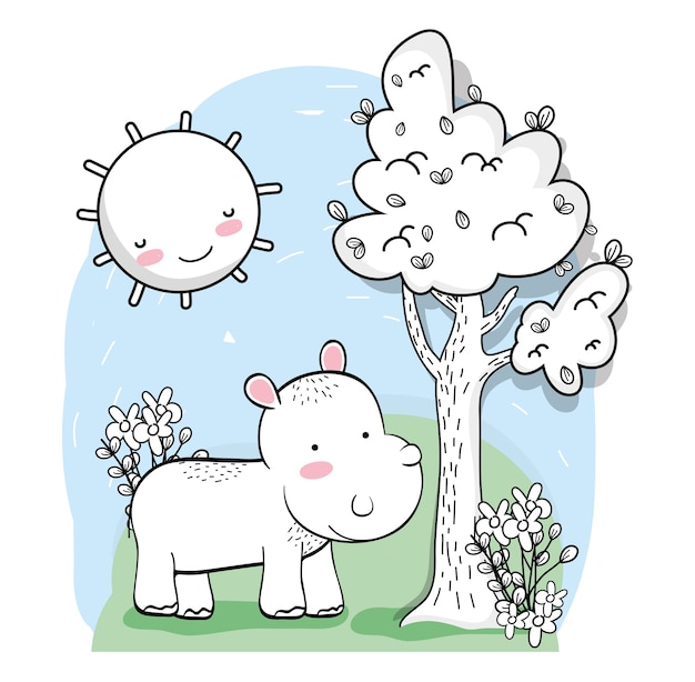 Hippopotame Mignon Avec Soleil Heureux Et Arbre