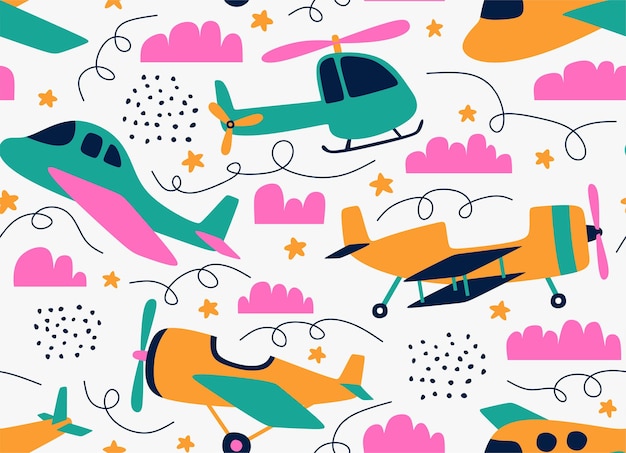 Vecteur hipster doodles motif transparent coloré avec dessin d'avion