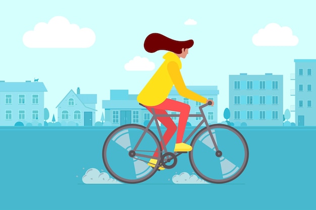 Hipster Femme Faisant Du Vélo Sur La Rue De La Ville. Activité De Loisirs Cycliste Jeune Femme Dans La Route De La Ville. Fille élégante Sur Illustration Eps Vecteur Plat Vélo