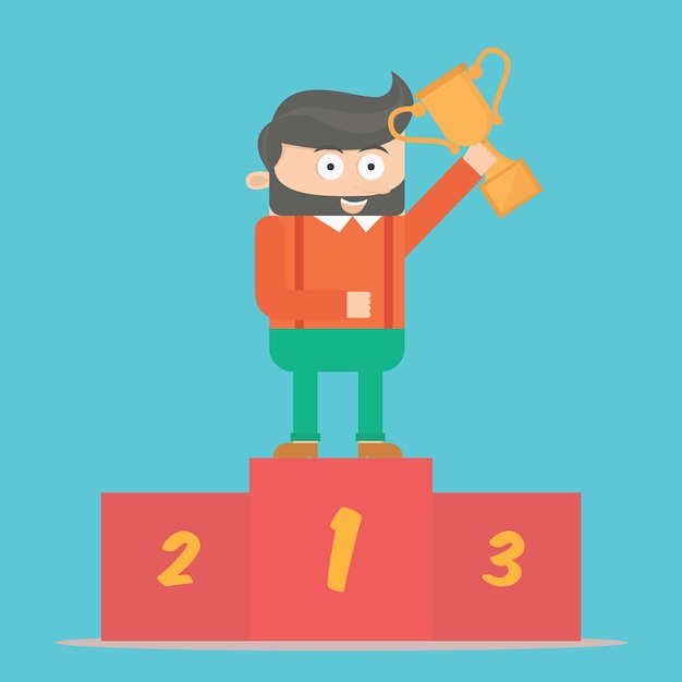 Hipster Homme D'affaires Caractère Avec Trophée Dans Le Podium Cartoon Vector Design