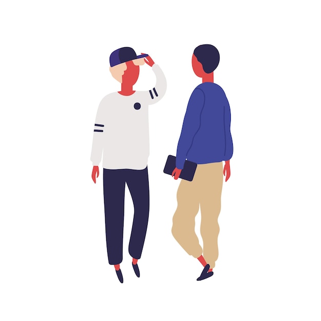 Hipster Homme En Cap Parler Avec Un Ami étudiant Tenir Livre Illustration Vectorielle Plate. Deux Hommes De Dessin Animé Appréciant Une Conversation Amicale Isolée Sur Blanc. Caractère D'adolescent Communiquant Les Uns Avec Les Autres.