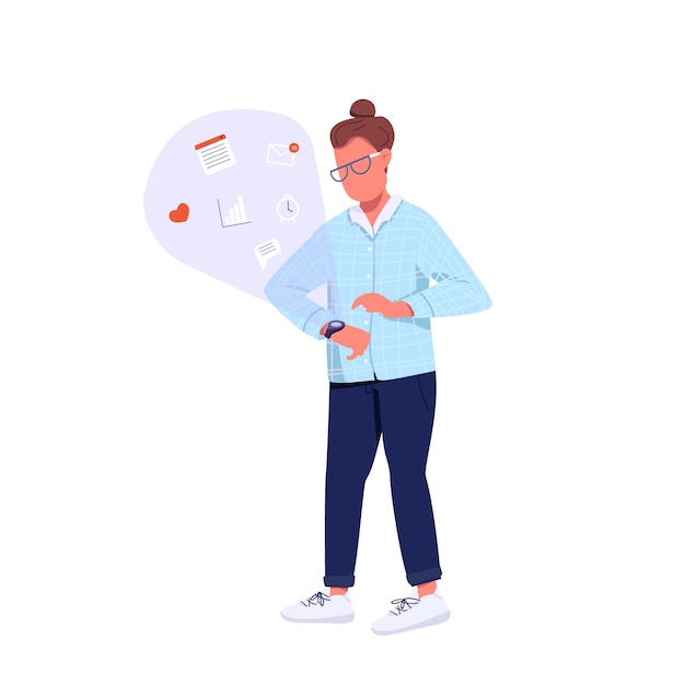 Hipster utilisant un personnage sans visage de couleur plate smartwatch. Style de vie de la génération Z. Personne de race blanche communiquant en ligne illustration de dessin animé isolé pour la conception graphique et l'animation web