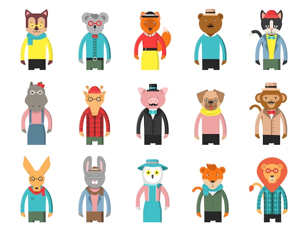 Hipsters de personnages de zoo, avatars de jeu vue de face d'animaux de dessin animé de renard ours chien girafe hibou chat et autres mascottes