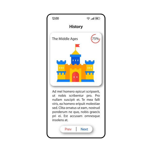 Histoire pour le modèle vectoriel d'interface de smartphone d'élèves. Disposition de conception blanche de page d'application mobile. Écran de chapitre du Moyen Âge. Interface utilisateur plate pour l'application. Affichage du téléphone du matériel pédagogique