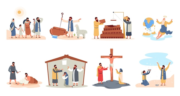 Histoires chrétiennes Parabole de la Sainte bible et personnages dessinant des scènes religieuses chrétiennes de style plat avec la prière du messie de Dieu Prophète Noé Collection vectorielle