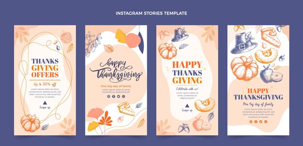 Histoires d'ig de thanksgiving de conception plate dessinées à la main
