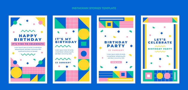 Histoires d'instagram d'anniversaire de mosaïque de conception plate