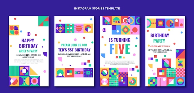 Histoires d'instagram d'anniversaire de mosaïque de conception plate