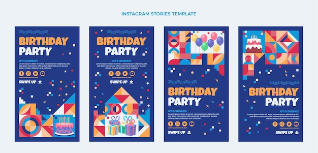 Histoires d'instagram d'anniversaire de mosaïque de conception plate