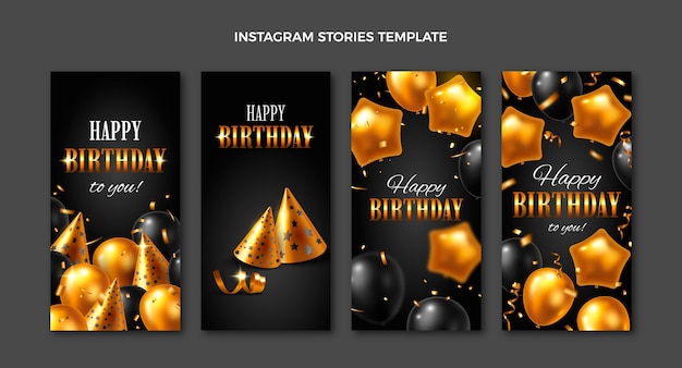 Vecteur histoires d'instagram d'anniversaire d'or de luxe réalistes