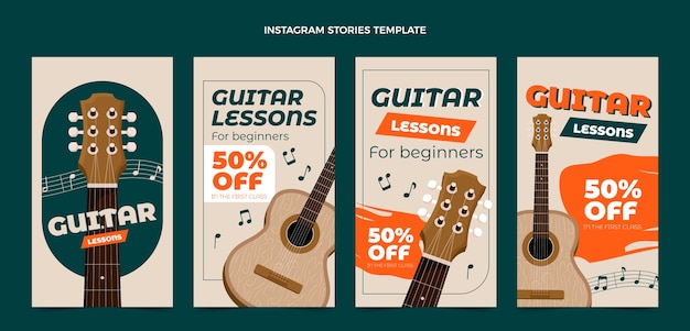 Vecteur histoires instagram de cours de guitare design plat