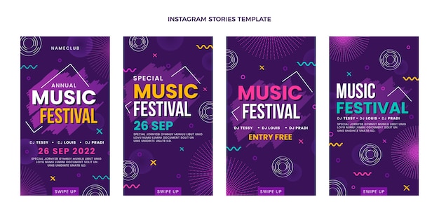 Histoires instagram du festival de musique colorées dessinées à la main