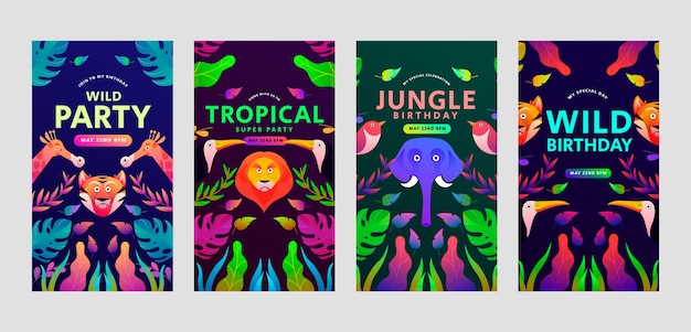 Vecteur histoires instagram de fête d'anniversaire de jungle de dessin animé