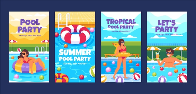 Vecteur histoires instagram de fête de piscine dessinées à la main