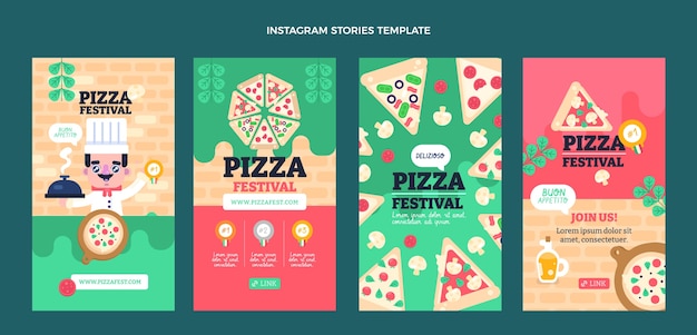 Vecteur histoires instagram de la pizza au design plat