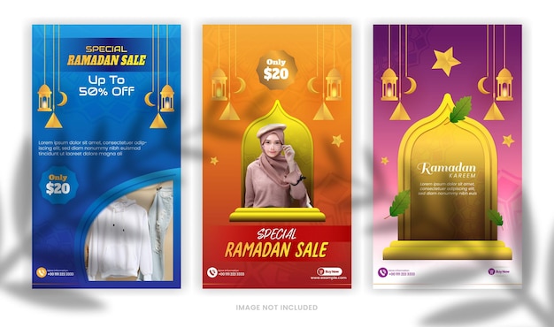 Vecteur histoires instagram ramadan vente promotion de publication sur les médias sociaux avec le modèle fullcolor de la religion islamique