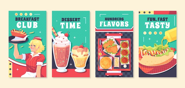 Vecteur des histoires instagram de restaurants dessinées à la main