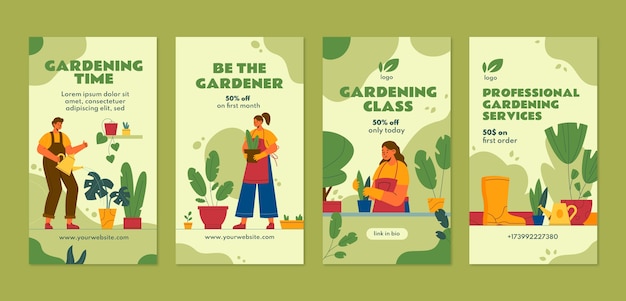 Vecteur histoires instagram de temps de jardinage dessinées à la main