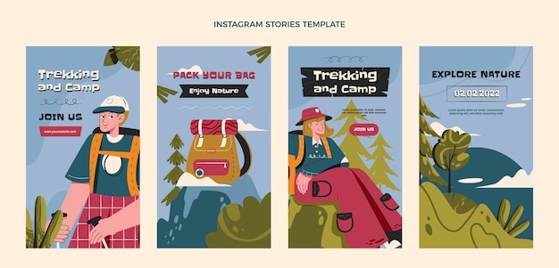 Vecteur histoires instagram de trekking dessinées à la main