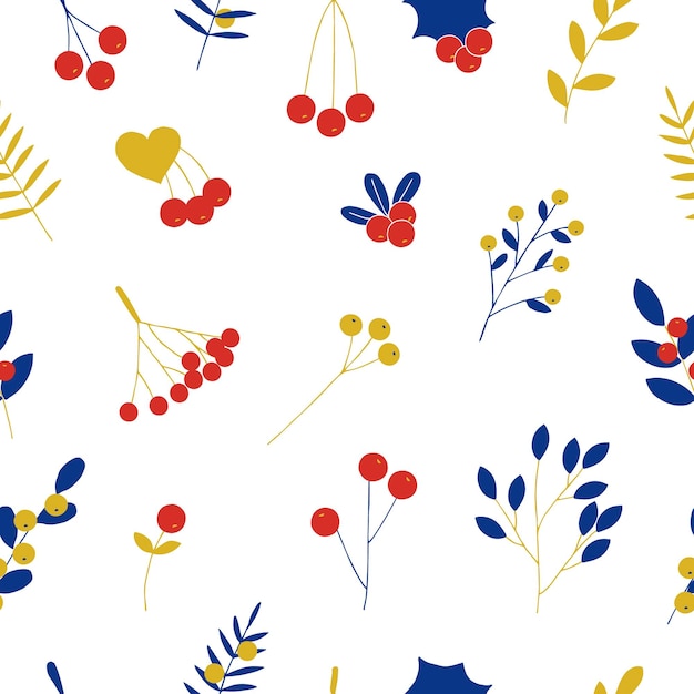 Hiver et automne forêt baies et plantes modèle sans couture illustration vectorielle main dessin rouge or et bleu couleurs