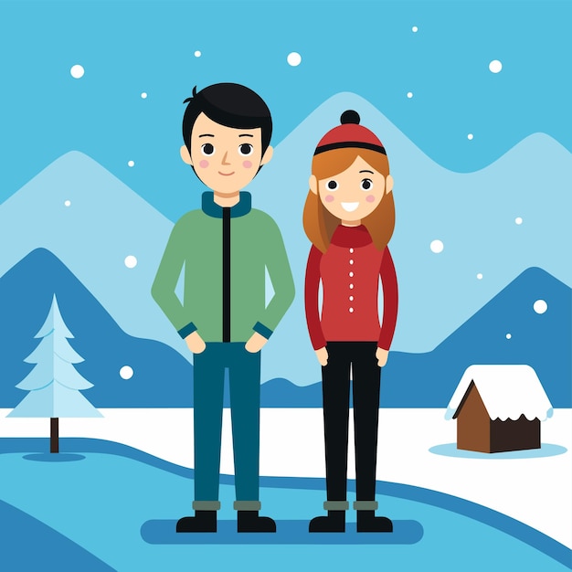 Vecteur hiver couple d'aventure vêtements neige noël stickers de personnages de dessins animés dessinés à la main
