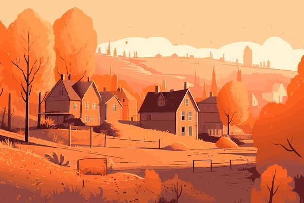 Vecteur l'hiver par la côte illustration colorée du village côtier avec des couleurs orange et blanc éclatantes sc