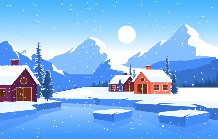 Vecteur hiver snow pine mountain house lake nature paysage illustration