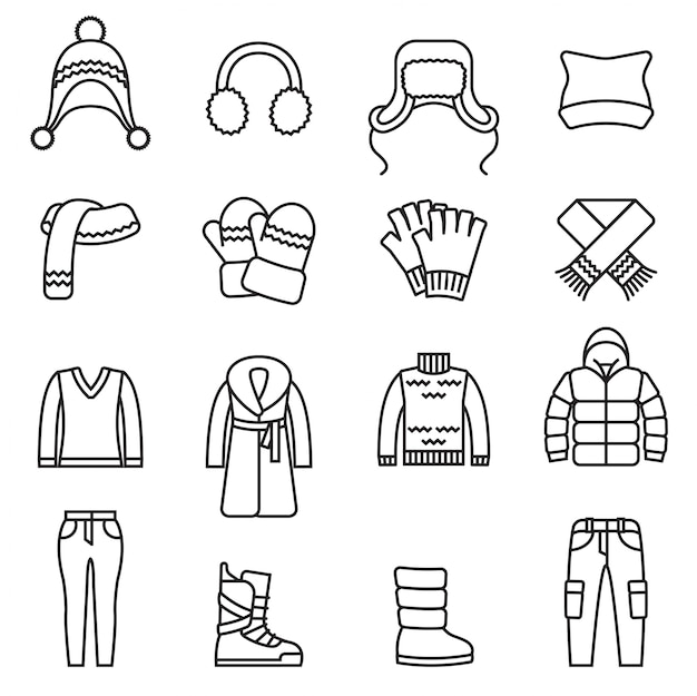 Vecteur hiver, vêtements chauds ensemble d'icônes isolées.