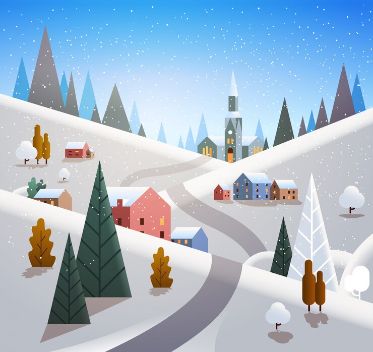 Vecteur hiver village maisons montagnes collines paysage neige