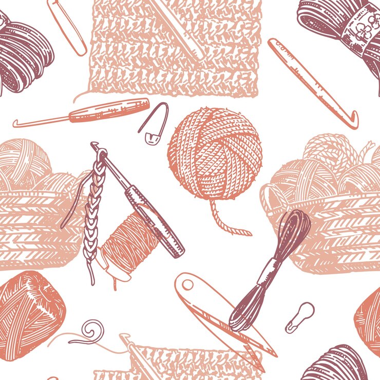 Vecteur hobby tricot motif sans couture ornement de crochet crochet fil couture marqueur outils d'artisanat