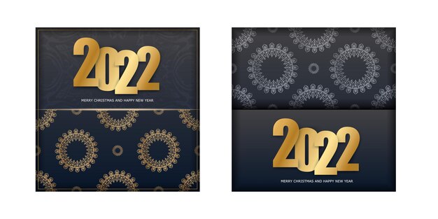 Vecteur holiday flyer 2022 joyeux noël et bonne année en couleur noire avec ornement en or vintage