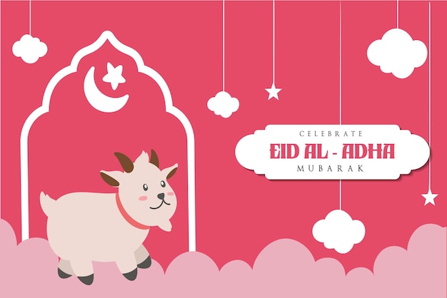 Vecteur holy eid al adha mubarak cute banner cartoon doodle dépliant de salutation islamique et arabe pour l'impression graphique du festival de la communauté musulmane