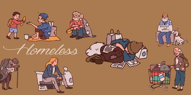 Homeless Cartoon Icon Set Rue Sans Abri Les Personnes âgées, Les Adultes Et Les Enfants Sont Négligés