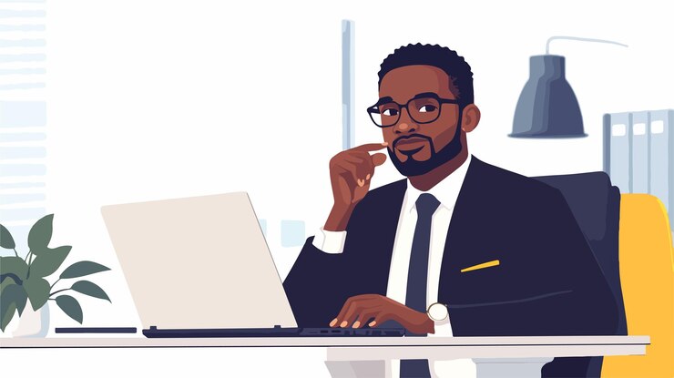 Vecteur un homme d'affaires africain réfléchi dans un verre réfléchit à des idées et à des solutions