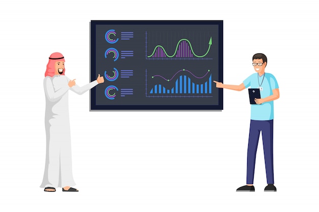 Homme D'affaires Arabe Faisant Illustration De Présentation. Rapport D'activité Avec Graphiques Colorés, Diagrammes, Infographie, Informations Statistiques à Bord. Analytique Et Stratégie D'entreprise