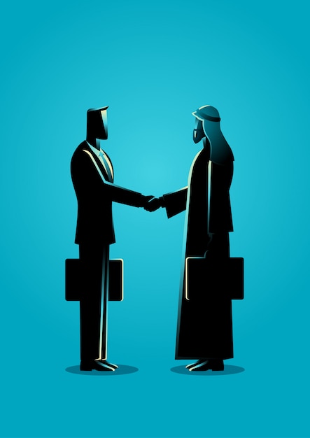 Vecteur homme d'affaires arabe serrer la main avec un homme d'affaires occidental