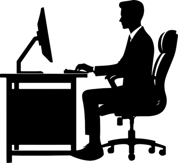 Vecteur homme d'affaires assis sur une chaise de bureau à une table et travaillant sur un ordinateur 3