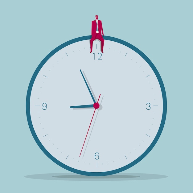Homme d'affaires assis sur l'horloge. Le fond est bleu.