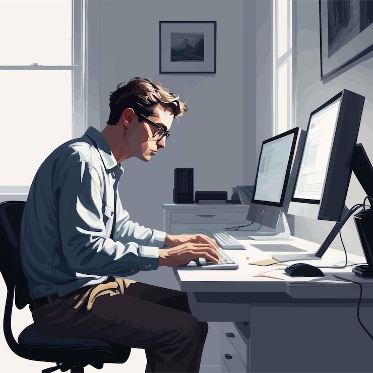 Vecteur un homme d'affaires assis à son bureau avec un ordinateur.
