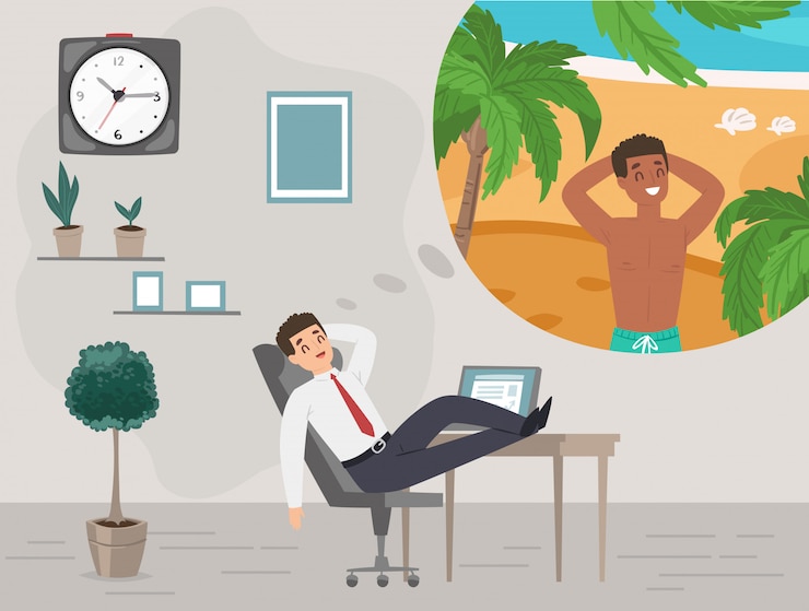 Vecteur homme d'affaires au bureau rêver de vacances sur l'île tropicale voyage illustration de vacances.