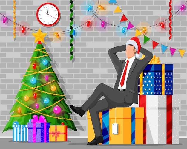 Homme d'affaires au chapeau du Père Noël assis dans une pile de cadeaux Homme et coffrets cadeaux de Noël Décoration de bonne année Joyeux Noël vacances Nouvel An et célébration de Noël Illustration vectorielle plane