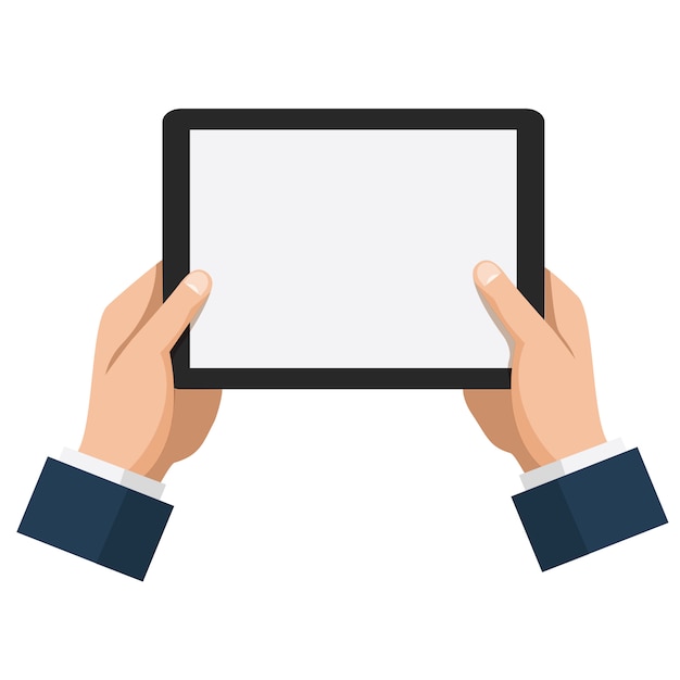 Homme d'affaires cale tablette avec écran blanc vide