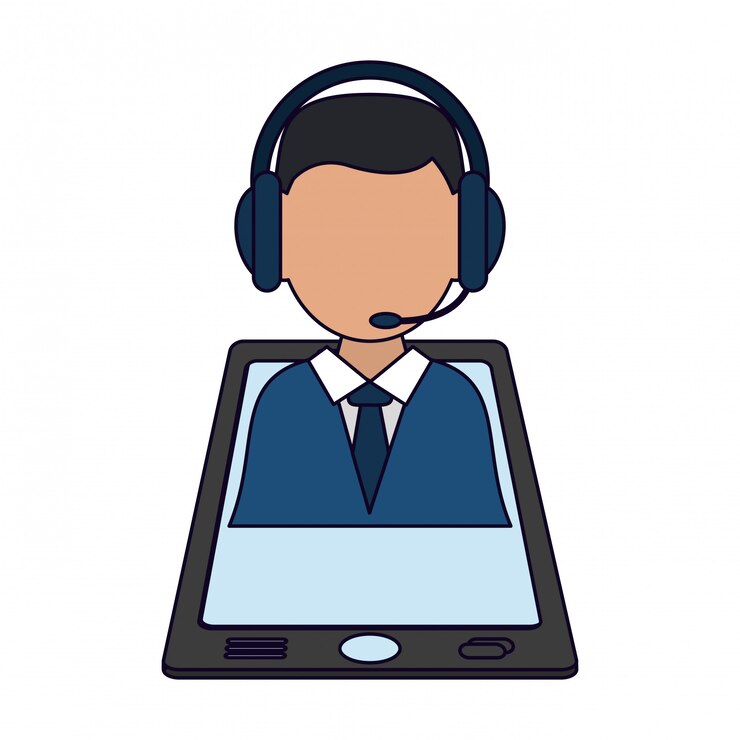 Vecteur homme d&#39;affaires avec un casque sur smartphone